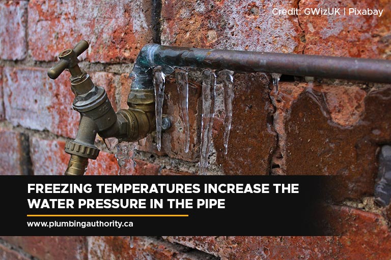 Freezing temperatures increase the water pressure in the pipe